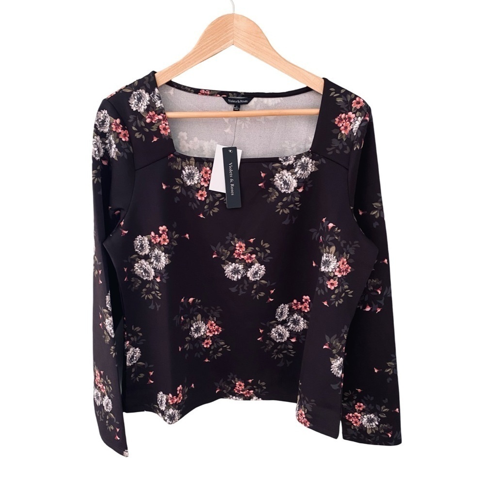 Violets & Roses Long Sleeve Black Floral Blouse Top NWT Size L